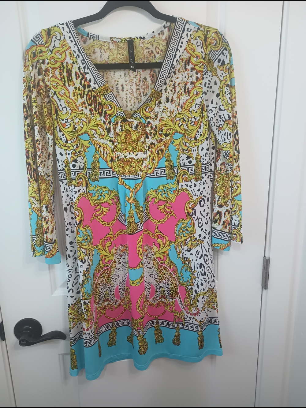Women’s Baroque Print Mini Dress in Pink, Turquoise & Gold